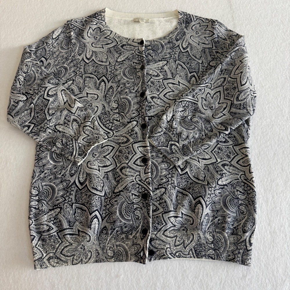 Talbots Paisley Cardigan Sweater Womens Medium Petite Black White